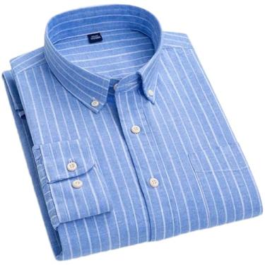 Imagem de Camisa masculina de algodão xadrez listrada de linho com bolso único confortável para respiração e manga comprida com botões, 5-11, GG
