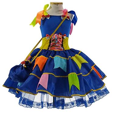 Imagem de Vestido Caipira Infantil Luxo Azul Com Bandeirinhas e Bolsa (GG 11-12)