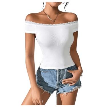 Imagem de SHENHE Camiseta feminina de malha canelada de renda com ombro de fora e manga curta slim fit, Branco, M
