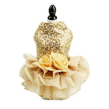 Imagem de Vestido Bling para cães saia tutu flor cão animal de estimação gato luxo princesa vestido de casamento verão cão chihuahua roupas (G (animal de estimação 3,6-5,4 kg), ouro)