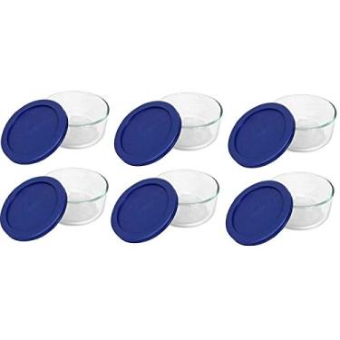 Imagem de Prata redonda de armazenamento Pyrex com 2 xícaras, transparente com tampa azul caixa com 6 recipientes