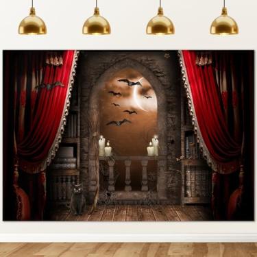 Imagem de Avezano Pano de fundo para fotografia de Halloween, vassoura mágica, vampiros, castelo medieval, assustador, morcegos bruxa, meados do século, vintage, para crianças, sessão de fotos, decoração de