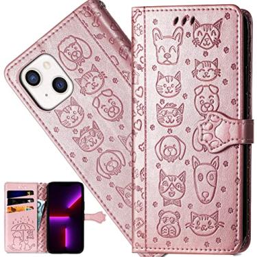 Imagem de CCSmall Capa carteira fofa para Apple iPhone 13 Mini com desenho animado, capa flip estilo cão gato com porta-cartão de identificação, capas de couro PU para Apple iPhone 13 Mini MG ouro rosa