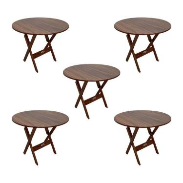 Imagem de Kit 5 Mesas Dobráveis De Madeira Redonda 90cm Imbuia - Cor: Marrom