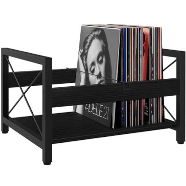 Imagem de ELITEROO Porta-discos de vinil, caixa de madeira para discos de 17,8 cm a 30,5 cm, prateleira de vinil comporta até 50 a 100 álbuns, DVDs, CDs ou arquivos de madeira para livros, caixa organizadora de