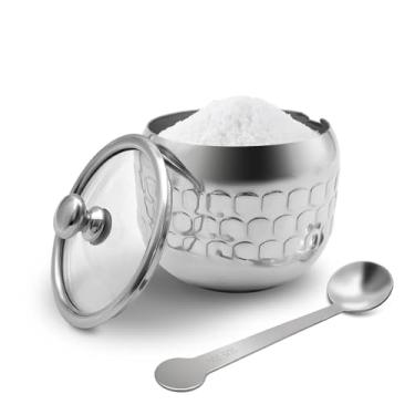 Imagem de XHKDSYMC Açucareiro de aço inoxidável pote de tempero para café, pote de condimentos, recipiente de especiarias, galheteiro com tampa de vidro e colher