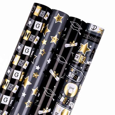 Imagem de WRAPAHOLIC Rolo de papel de embrulho de formatura - Mini rolo - 4 rolos - 43 cm x 300 cm por rolo - Touca valetadeira dourada preta e design de estrela, perfeito para celebrações, festas