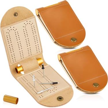 Imagem de Liliful 2 Sets Travel Cribbage Board Game Sets Portable Travel Games Each Set with 4 Metal Pegs, 1 Mini Leather Cribbage Board, 2 Track 1 Storage Slot