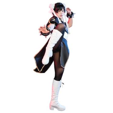 Imagem de Micotaku Fantasia feminina clássica clássica de luxo Street Fighter Chun Li preta para cosplay bordada dourada, Preto, P