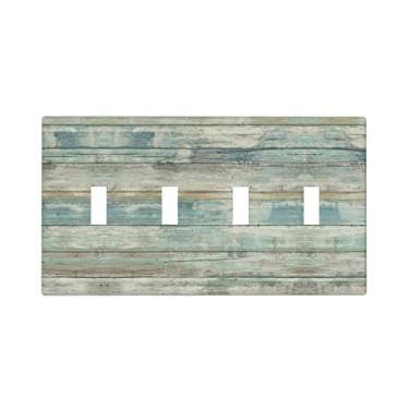 Imagem de Capa decorativa para interruptor de luz rústica para casa de fazenda, placa de interruptor quádruplo placa de parede com 4 interruptores para cozinha, quarto, 11 x 20 cm, estampa de madeira vintage