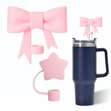 Imagem de Capa de palha de laço rosa e estrela para copo Stanley de 40 e 850 g, tampa de cobertura de palha de silicone de 10 mm para acessórios de copo Stanley, bonito topo de palha para copos, tampa de palha