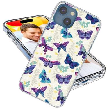 Imagem de ARTIOSIT Capa para iPhone 15 para meninas e homens, à prova de choque, fina, fina, macia, TPU transparente, capa protetora para iPhone 15 6.1, roxo azul animal borboletas, folhas e flores