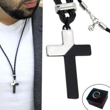 Imagem de Colar de Couro Trançado Masculino Fecho Mosquete Cruz Degradê - GRANAD