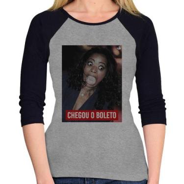 Imagem de Baby Look Raglan Chegou o boleto Manga 3/4 - Foca na Moda, Cinza, Pret