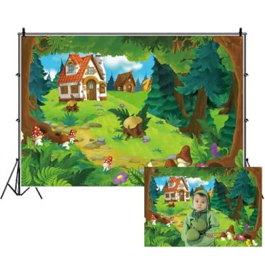 Imagem de Renaiss 2,1 x 1,5 m cenário de desenho animado floresta conto de fadas verde floresta aldeia cabana de madeira cogumelo flores país das maravilhas fundo fotografia para chá de bebê, crianças,