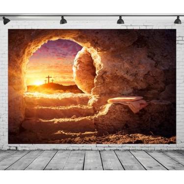 Imagem de CORFOTO Tecido de 2,4 x 1,8 m com pano de fundo vazio da tumba de Jesus, luz sagrada e cruz ao nascer do sol, eventos de igreja cristã, decoração de dia de Páscoa, faixa de sessão de fotos, adereços