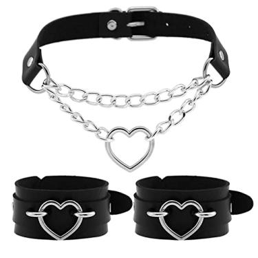 Imagem de Tosmifairy 3 peças correntes de coração gargantilha de couro gargantilha e pulseiras conjunto de punhos gótico punk grunge emo presente de joias de Halloween (A-preto), One Size, Couro sintético, Sem