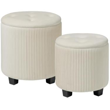 Imagem de BLEXA Grande otomano redondo com conjunto de 2, banquinho estofado de veludo para maquiagem, multifuncional, descanso para os pés, mesa de centro, assento acolchoado, otomanos tufados para sala de