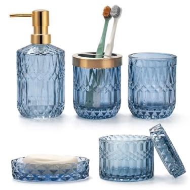 Imagem de IVAILEX 5Pcs Conjuntos de Acessórios de Banheiro de Vidro Azul com Dispensador de Loção, Saboneteira, Porta-Escovas de Dentes, Copo, Potes de Cotonete, Decoração de Banheiro Moderna, Presente Vintage