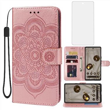 Imagem de Bohefo Capa para Pixel 7A, capa carteira Google 7A GWKK3 com protetor de tela de vidro temperado, capa flip de couro mandala em relevo com suporte para cartão de crédito para Google Pixel 7A ouro rosa