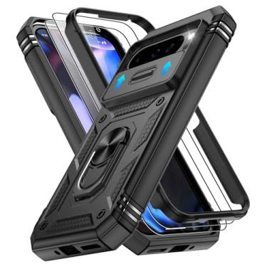 Imagem de Capa para Google Pixel 9 Pro XL com 2 peças, capa para Pixel 9 Pro XL embutida em anel giratório de 360°, capa protetora de nível militar para celular Google 9 Pro XL, preta