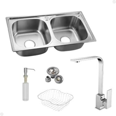 Imagem de Kit Cuba Dupla Inox + Acessórios Com Torneira Gourmet Monocomando Slim Cromada