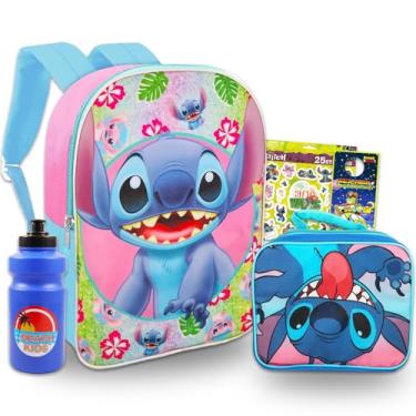 Imagem de Lilo And Stitch Mochila escolar e lancheira - Pacote de 4 peças com bolsa escolar de 40,64 cm, lancheira de Stitch e muito mais para meninos e meninas | Conjunto de material escolar Stitch