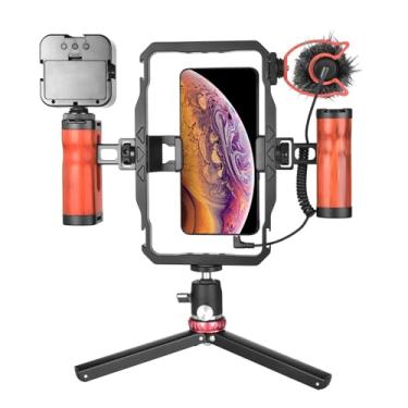 Imagem de Kit de Plataforma de Vídeo para Smartphone, Liga de Alumínio Destacável Dual de Madeira Lida Com Gaiola de Telefone para Estabilizador Portátil Portátil do Telefone Celular