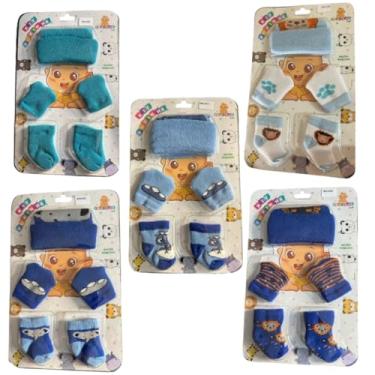 Imagem de 5 Kits Touca Luva e Meia Para Bebê Recém Nascido Maternidade Enxoval Cores Sortidas (Menino)