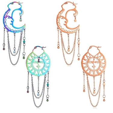 Imagem de AntDear Brincos assimétricos de sol e lua para mulheres, brincos boêmios, arco-íris, estrela, borla, pingente de corrente, brincos de aço inoxidável, joias boêmias.., Aço inoxidável, Sem pedra