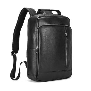 Imagem de Mochila de couro masculina de 15,6 "para laptop de couro de vaca mochila de viagem masculina de grande capacidade(Black)