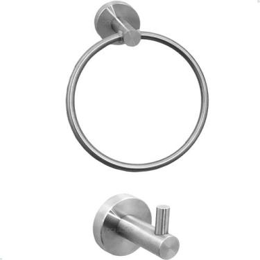 Imagem de Kit Porta Toalha Inox Escovado Toalheiro Argola E Cabide Gancho Simple