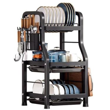 Imagem de OUFEIJIA Escorredor de pratos de aço inoxidável 2 camadas escorredor de pratos de cozinha escorredor de pratos de cozinha com bandeja de drenagem para balcão de cozinha, balcão de mesa, preto