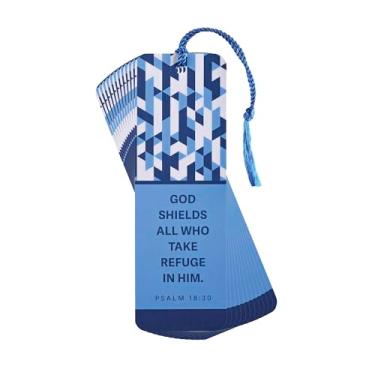 Imagem de Dicksons God Shields All Who Take Refuge Psalm 18:30 15 cm Azul e Branco Cartolina Papel Tasseled Marcador de página Conjunto de 12