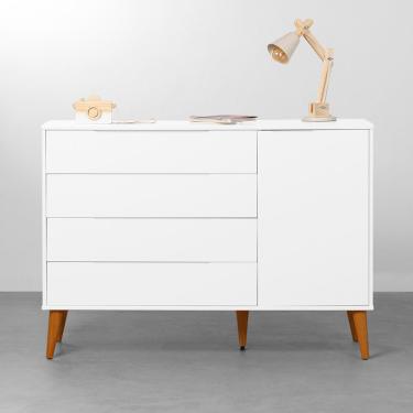 Imagem de Cômoda Elfe 4 Gavetas e 1 Porta com Pés Retrô Mel – Branco Fosco