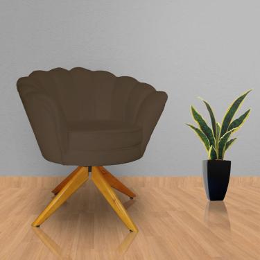 Imagem de Poltrona Estofada Sala de Estar Base Giratória de Madeira Pétala Suede Marrom - lm decor