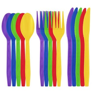 Imagem de Sveikie Conjunto de talheres descartáveis de plástico arco-íris com 150 peças | talheres, garfos, facas e colher neon | combinações de várias cores | Adequado para casamento, aniversário, reunião de