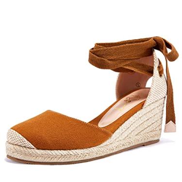 Imagem de Ruanyu sandálias femininas plataforma plataforma espadrille sandálias anabela bico fechado com cadarço salto alto sandálias, 1-brown, 8