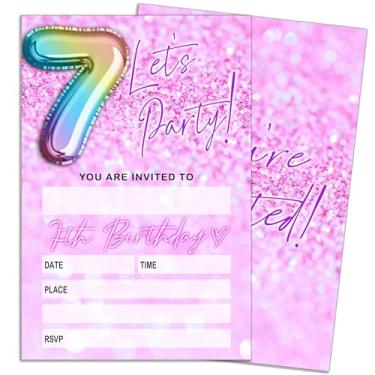 Imagem de ukebobo Convites de aniversário rosa de 7 anos, cartões de convite de festa de aniversário com glitter, decorações de balão arco-íris 7, 20 peças de cartões de convite de preenchimento dupla face com