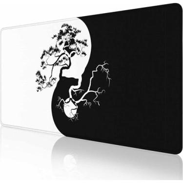 Imagem de Mouse pad grande estendido para jogos com bordas costuradas, base de borracha antiderrapante para escritório, computador, teclado, laptop e mesa de casa, 90 x 40 cm, preto e branco, estilo japonês
