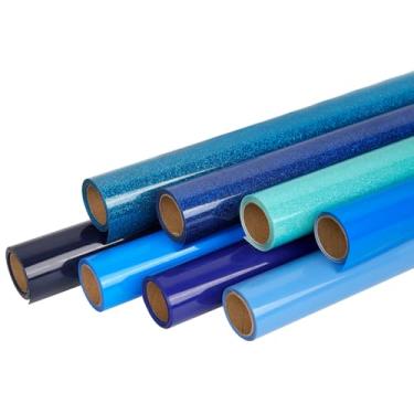 Imagem de FUNKAKA Pacote de vinil HTV de transferência de calor azul, 8 rolos de 30,5 cm x 0,9 m, ferro em vinil para camiseta, 8 cores azuis sortidas, HTV para todas as máquinas de cortar, fácil de cortar