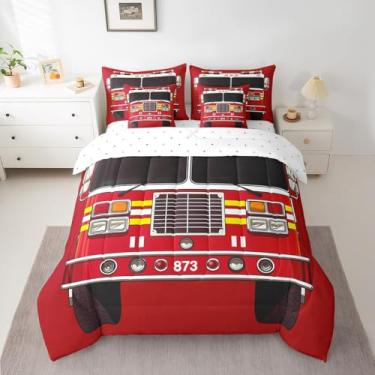 Imagem de Manfei Jogo de cama solteiro de 7 peças, caminhão de bombeiros, vermelho, caminhonete de combate a incêndios, para meninos e meninas, adolescentes, em uma bolsa com edredom, lençol de cima, lençol de