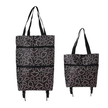 Imagem de Vikooyes Sacola de compras dobrável com rodas, sacola de compras grande e reutilizável, carrinho dobrável (flor preta, grande)