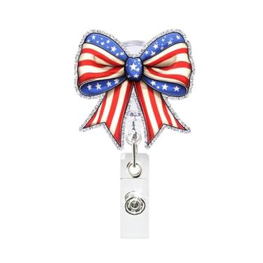 Imagem de Porta-crachás retráteis do Dia da Independência, carretel de crachá de cuidados de saúde, desenhos de arco de bandeira dos EUA, clipe retrátil para cartão de identificação para enfermeira médica