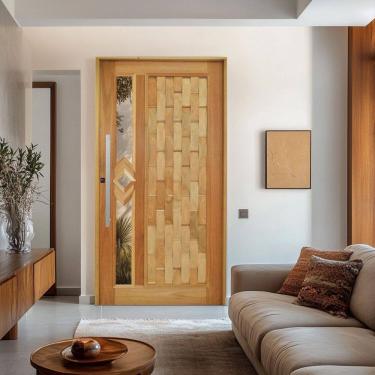 Imagem de Porta Pivotante Couro em Pé Losango Batente 14 Puxador Barra Chata 80 CM 110 X 210 Natural