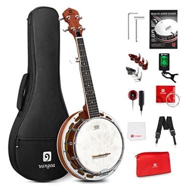 Imagem de Vangoa Banjo de 5 cordas com anel de tom, kit para iniciantes de mini banjo de 66 cm, banjoe portátil pequeno de mogno com cabeça remo Fiberskyn, 5º sintonizador