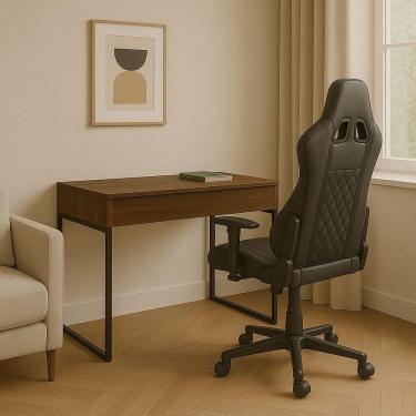 Imagem de Workstation Slim Amadeirado Escuro Mesa Home Office Com Tampo Articulado Oculta Monitor