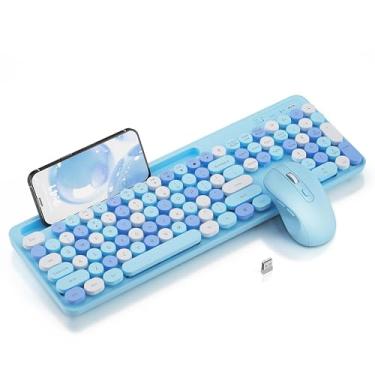 Imagem de Combo de teclado e mouse sem fio, teclas redondas retrô, lindo teclado de máquina de escrever de tamanho completo com suporte de telefone, modo de suspensão, clique macio, conexão sem fio de 2,4 GHz