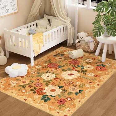 Imagem de DUKINO Tapete de área 7,5 x 12,5 cm, tapetes florais para sala de estar, tapete lavável e antiderrapante, tapete de design boho para quarto, sala de estar, sala de jantar, laranja