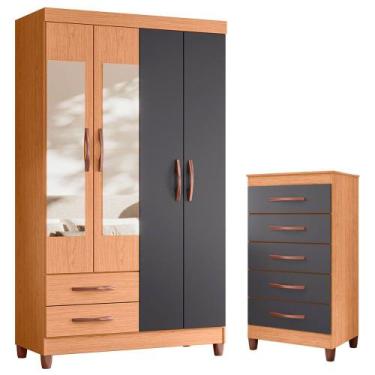Imagem de Quarto Solteiro Completo Guarda Roupa Âmbar 4 portas com Espelho Cômod